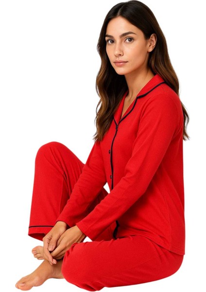 Kırmızı Renk Biyeli Pamuklu Gömlek Uzun Kol Pijama Takımı fiyatları