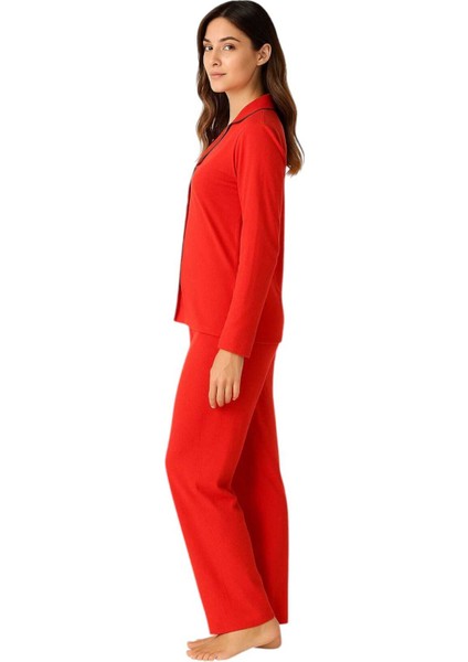 Kırmızı Renk Biyeli Pamuklu Gömlek Uzun Kol Pijama Takımı modelleri