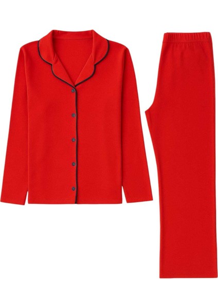 Kırmızı Renk Biyeli Pamuklu Gömlek Uzun Kol Pijama Takımı fırsatları
