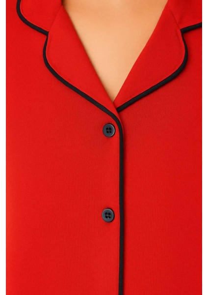 Kırmızı Renk Biyeli Pamuklu Gömlek Uzun Kol Pijama Takımı indirimleri