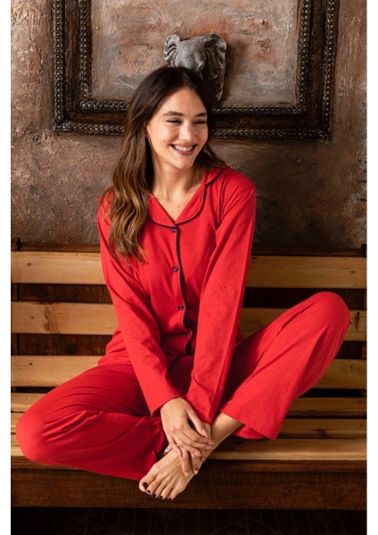 Kırmızı Renk Biyeli Pamuklu Gömlek Uzun Kol Pijama Takımı