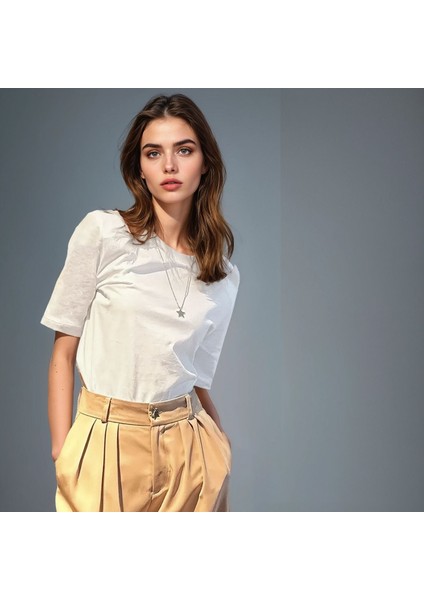 Vatkalı Beyaz T-Shirt, Omzu Vatkalı Kadın T-Shirt, Pamuklu Örme Penye T-Shirt, Bisiklet Yaka T-Shirt fiyatları