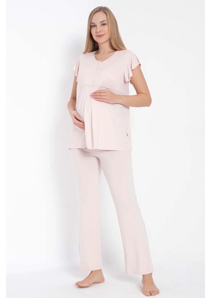 Kısa Kol Bisiklet Yaka Kadın Viskon Dantel Detaylı Hamile Pijama Takımı Sabahlık fiyatları