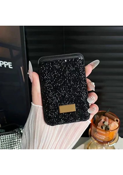 Iphone Uyumlu Magsafe Cüzdan Kartlık 17/16/15/14/13/12/11 Serisi ile Uyumlu Magsafe Özellikli Taşlı Işıltılı Lüx Kartlık Siyah