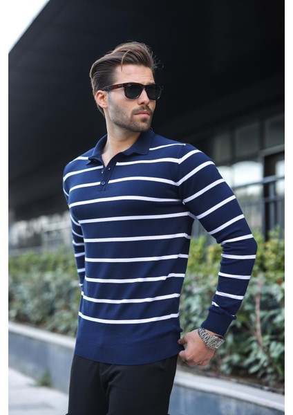 Lacivert Düğmeli Polo Yaka Çizgili Uzun Kollu Kazak 7263