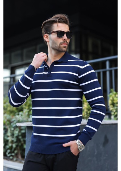 Lacivert Düğmeli Polo Yaka Çizgili Uzun Kollu Kazak 7263 fiyatları