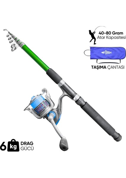 Olta Seti - 300CM Olta Kamışı 40-80GR / 4000'LIK Olta Makinesi (Xa-Yeşil) - Taşıma Çantalı