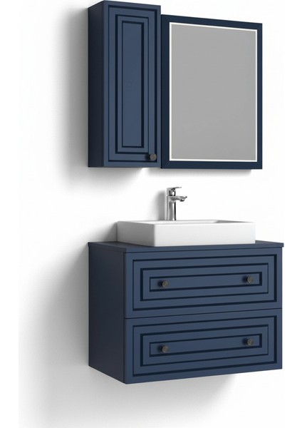 Perge 80 cm Lavabo Dolabı Mat Safir Blue LED Ayna ve Ayna Yan Dolap Seti