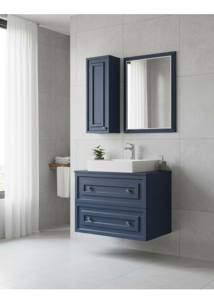 Perge 80 cm Lavabo Dolabı Mat Safir Blue LED Ayna ve Ayna Yan Dolap Seti fiyatları