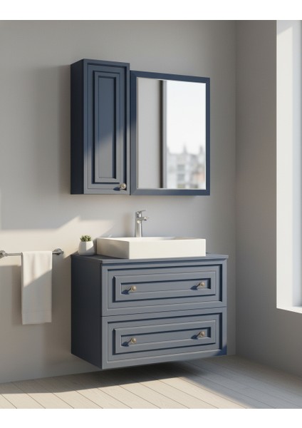 Perge 80 cm Lavabo Dolabı Mat Safir Blue LED Ayna ve Ayna Yan Dolap Seti modelleri