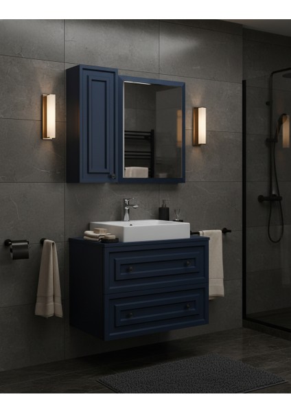 Perge 80 cm Lavabo Dolabı Mat Safir Blue LED Ayna ve Ayna Yan Dolap Seti fırsatları