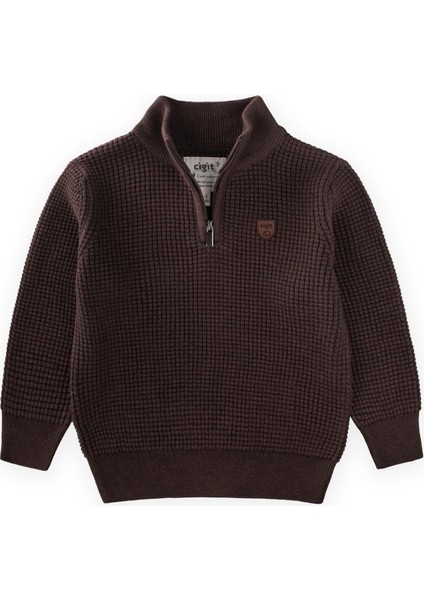 Selanik Triko Fermuarlı Kazak 2-11 Yaş Kahve