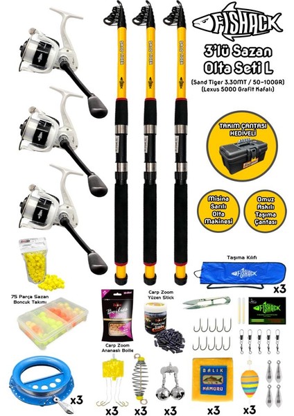 Tam Takım Sazan Olta Seti - 3'lü Set - L - 3.30MT/50-100GR