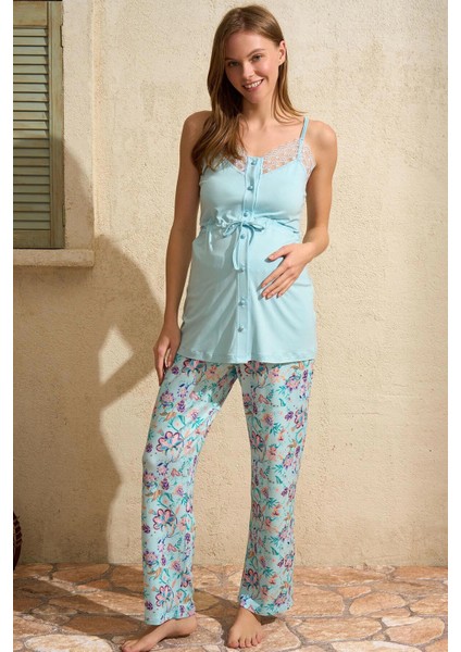 Ip Askılı V Yaka Kadın Çiçek Desenli Yazlık Dantel Detaylı Hamile Pijama Takımı Sabahlık fiyatları