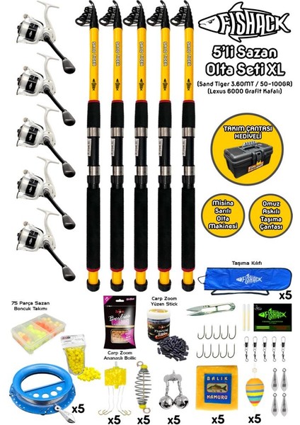 Tam Takım Sazan Olta Seti - 5'li Set - Xl - 3.60MT/50-100GR