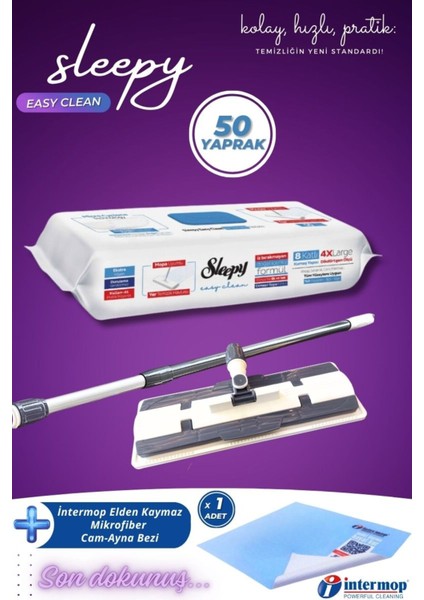 Easy Clean Çamaşır Suyu Katkılı Mopa Uyumlu Yer Temizlik Havlusu 50 Yaprak + Mop Aparatı + Slim Bez