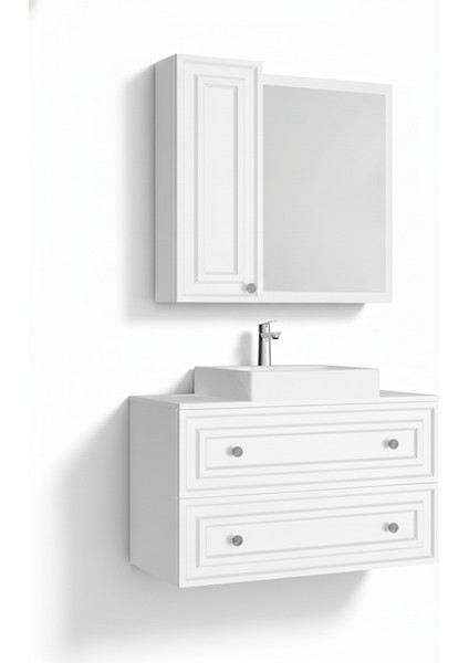 Perge 100 cm Lavabo Dolabı Mat Beyaz LED Ayna ve Ayna Yan Dolap Seti