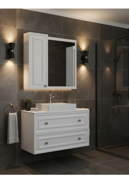 Perge 100 cm Lavabo Dolabı Mat Beyaz LED Ayna ve Ayna Yan Dolap Seti fiyatları