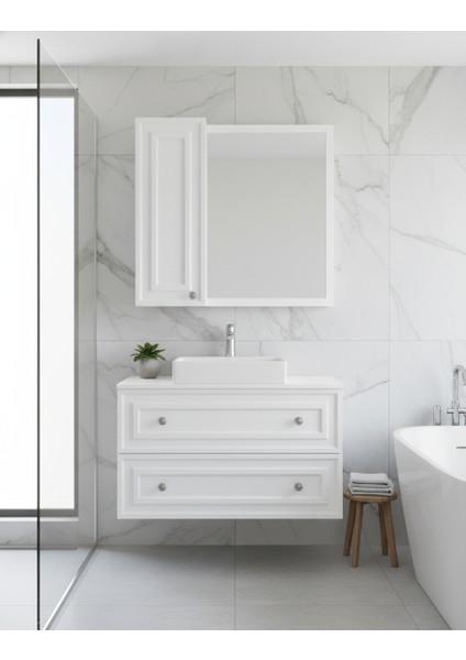 Perge 100 cm Lavabo Dolabı Mat Beyaz LED Ayna ve Ayna Yan Dolap Seti modelleri