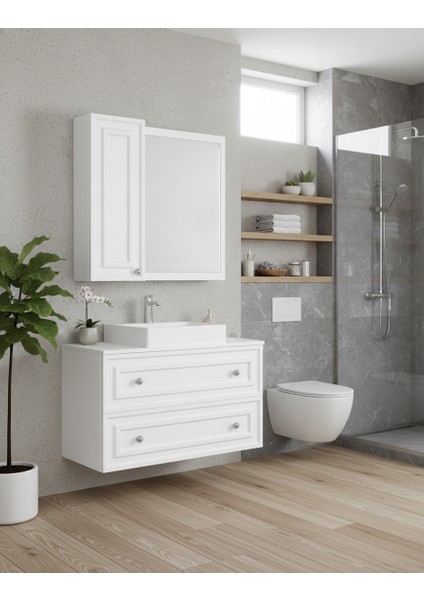 Perge 100 cm Lavabo Dolabı Mat Beyaz LED Ayna ve Ayna Yan Dolap Seti fırsatları