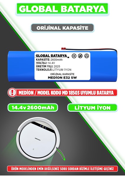 Medion E32 Sw Uyumlu Robot Süpürge Bataryası 14.4V 2600MAH Li-Ion Pil (Orijinal Kapasite)
