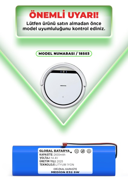 Medion E32 Sw Uyumlu Robot Süpürge Bataryası 14.4V 2600MAH Li-Ion Pil (Orijinal Kapasite) indirimleri