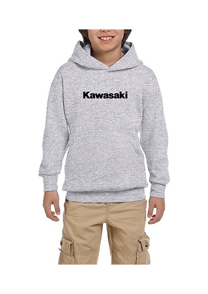Kawaski Logo Type Gri Çocuk Kapşonlu Sweatshirt