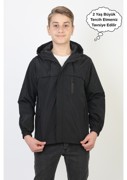 Erkek Çocuk Kapüşonlu Cepli Astarlı Mevsimlik Yağmurluk