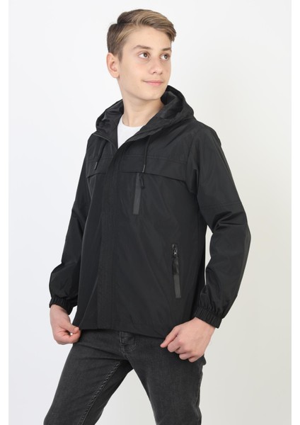 Erkek Çocuk Kapüşonlu Cepli Astarlı Mevsimlik Yağmurluk