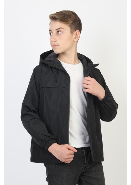 Erkek Çocuk Kapüşonlu Cepli Astarlı Mevsimlik Yağmurluk