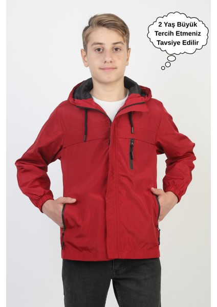 Erkek Çocuk Kapüşonlu Cepli Astarlı Mevsimlik Yağmurluk