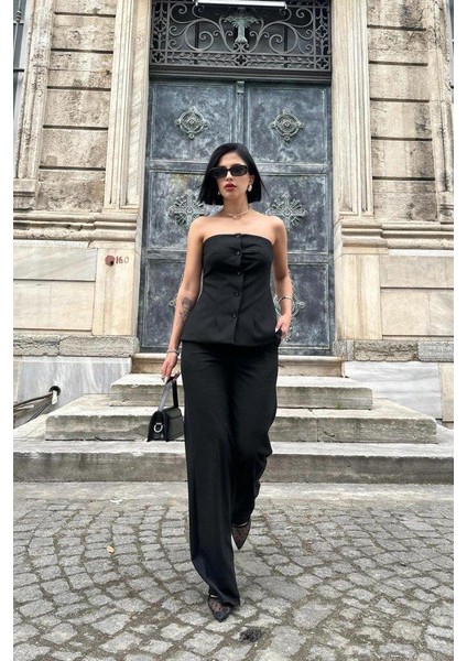 Siyah Straplez Düğmeli Crop ve Pantolon Takım