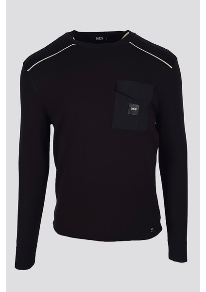 Erkek Triko Bisiklet Yaka Cep Detaylı Siyah 3753