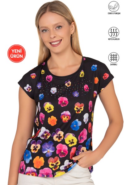 Özkan 25909 Kadın Esnek Rahat Çiçek Baskılı Likralı Kısa Kollu Örme Bluz