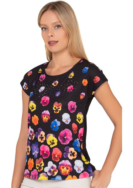 Özkan 25909 Kadın Esnek Rahat Çiçek Baskılı Likralı Kısa Kollu Örme Bluz modelleri