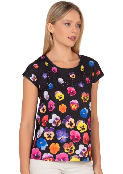 Özkan 25909 Kadın Esnek Rahat Çiçek Baskılı Likralı Kısa Kollu Örme Bluz fırsatları