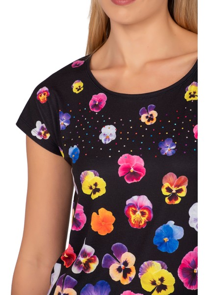 Özkan 25909 Kadın Esnek Rahat Çiçek Baskılı Likralı Kısa Kollu Örme Bluz indirimleri