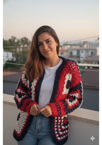 Handmade Kırmızı Lacivert Beyaz Salaş Koton Örgü Cardigan-El Örgüsü Motifli Salaş Kısa Hırka