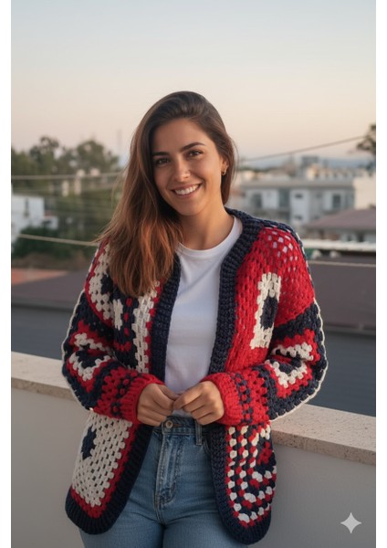 Handmade Kırmızı Lacivert Beyaz Salaş Koton Örgü Cardigan-El Örgüsü Motifli Salaş Kısa Hırka modelleri