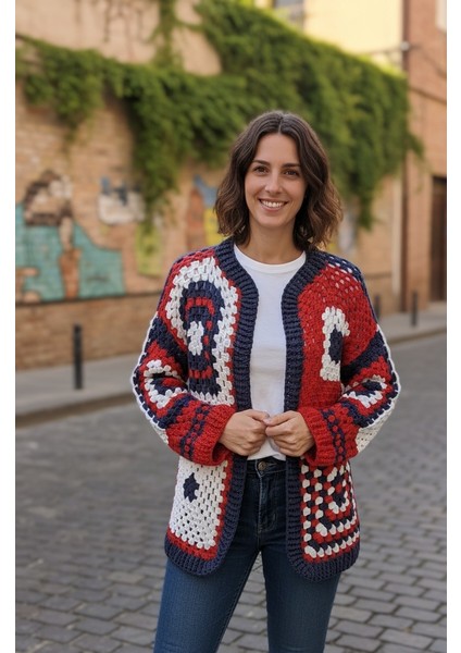 Handmade Kırmızı Lacivert Beyaz Salaş Koton Örgü Cardigan-El Örgüsü Motifli Salaş Kısa Hırka indirimleri