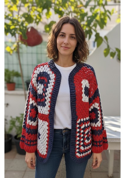 Handmade Kırmızı Lacivert Beyaz Salaş Koton Örgü Cardigan-El Örgüsü Motifli Salaş Kısa Hırka