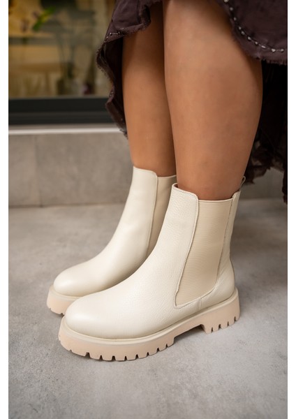 Audrey Ekru Lastikli Hakiki Deri Bot