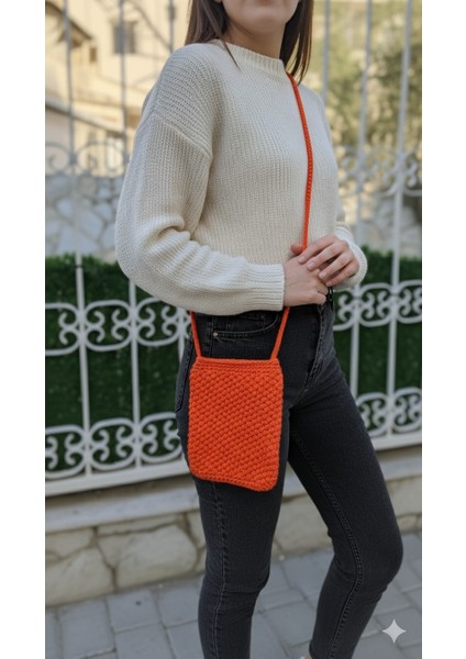 El Yapımıturuncu Örgü Telefon Çantası, Handmade Tasarım Çanta-El Örgüsü Kadın Cep Telefonu Çantası