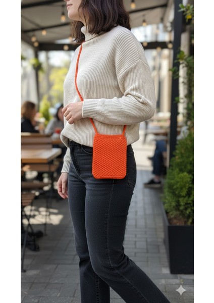 El Yapımıturuncu Örgü Telefon Çantası, Handmade Tasarım Çanta-El Örgüsü Kadın Cep Telefonu Çantası modelleri