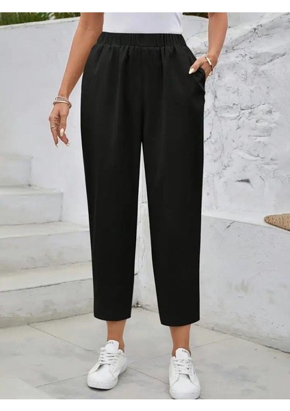 Kadın Yüksek Bel Yandan Cepli Düğme Detaylı Geniş Kesim Ithal Krep Pantolon