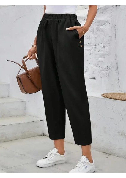 Kadın Yüksek Bel Yandan Cepli Düğme Detaylı Geniş Kesim Ithal Krep Pantolon modelleri