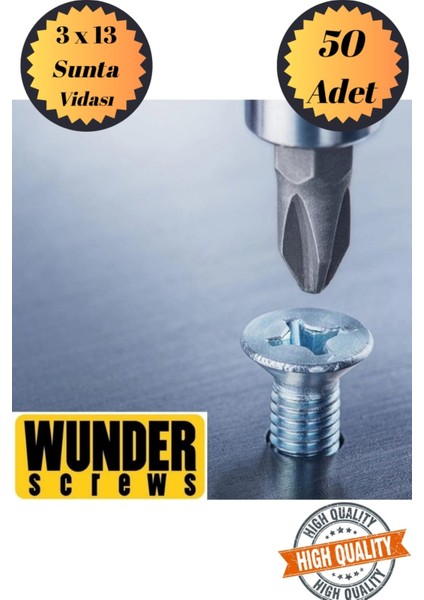 Wunder 3X13 Sunta Vidası Sivri Uçlu Ahşap Tahta Ağaç Mobilya Ayak Kulp Vidası 50 Adet