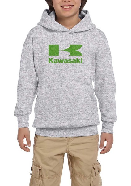 Kawaski Yeşil Logo Gri Çocuk Kapşonlu Sweatshirt