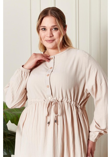 Kadın Büyük Beden Gofre Kumaş Elbise