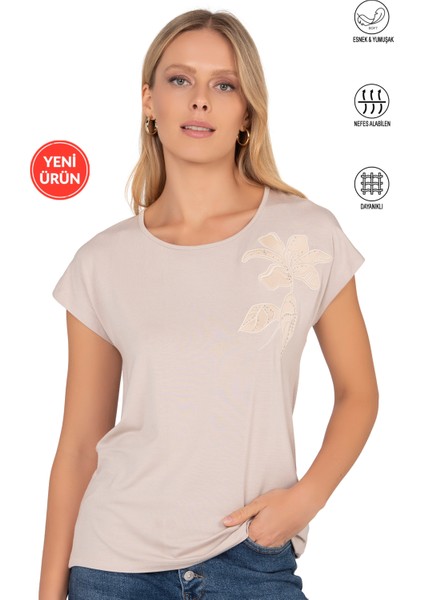 Özkan 27468 Kadın Premium Kumaş Önü Baskılı Likralı Örme Bluz